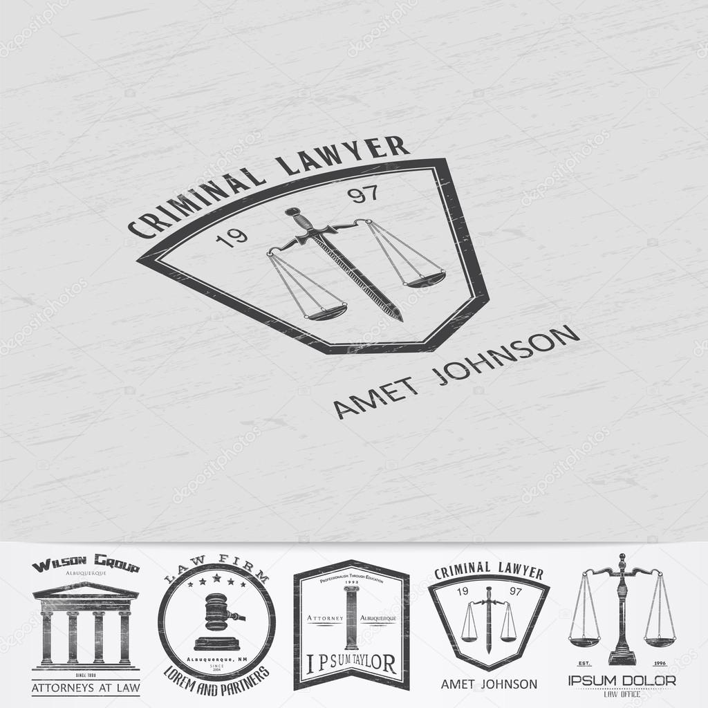 Lawyer services. Law office. The judge, the district attorney, the lawyer of vintage labels. Old retro vintage grunge. Typographic labels, stickers, logos and badges. Flat vector illustration