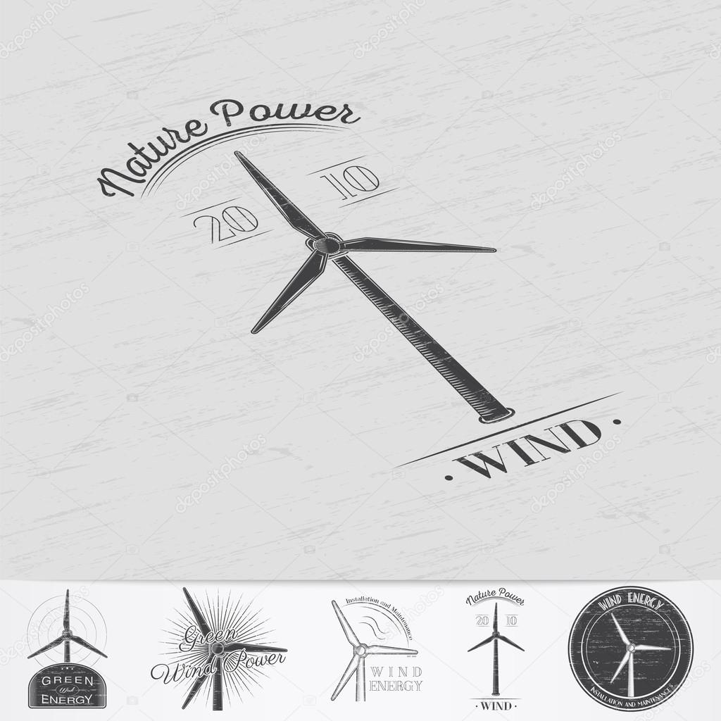 Windmills for energy. Sustainable ecological electrical power generator powered by wind natural energy source. Old retro vintage grunge. Monochrome typographic labels, stickers, logos and badges.