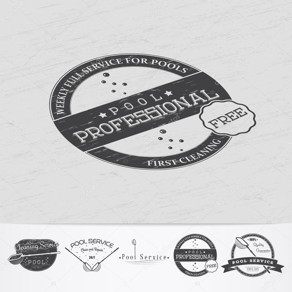 Pool Service. Maintenance and Cleaning. Repair and adjustment of the house. Old retro vintage grunge. Monochrome typographic labels, stickers, logos and badges. Flat vector illustration