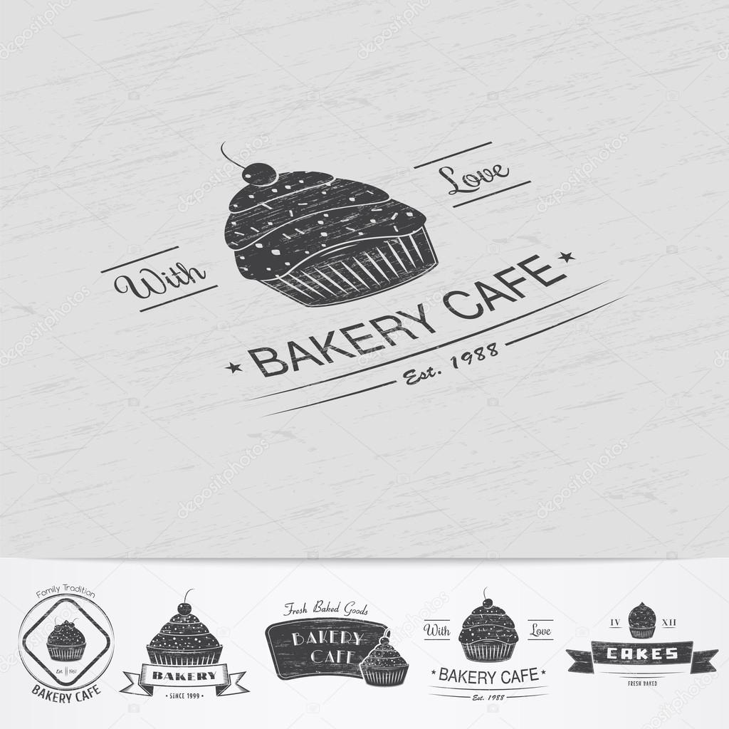 Sweet Cupcakes. Bakery baking. Cafes and eateries. The food and service. Old retro vintage grunge. Scratched, damaged, dirty effect. Monochrome typographic labels, stickers, logos and badges.