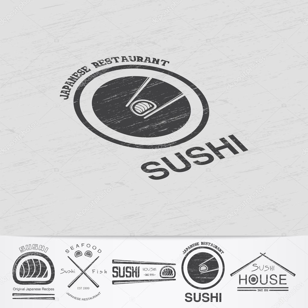 Sushi and rolls a set. Japanese kitchen. Food and service. Old retro vintage grunge. Scratched, damaged, dirty effect. Monochrome typographic labels, stickers, logos and badges. Flat vector illustration