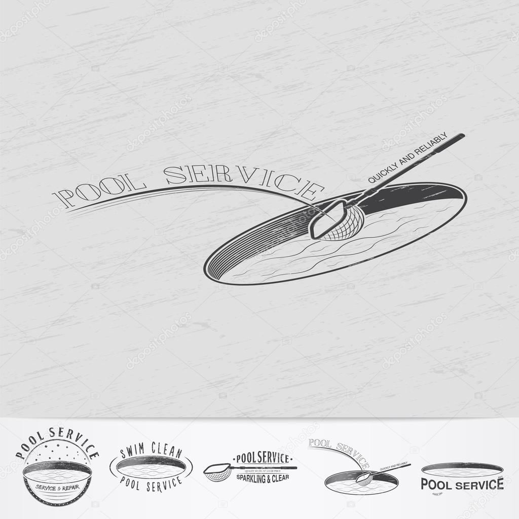 Pool Service. Maintenance and Cleaning. Repair and adjustment of the house. Old retro vintage grunge. Monochrome typographic labels, stickers, logos and badges. Flat vector illustration