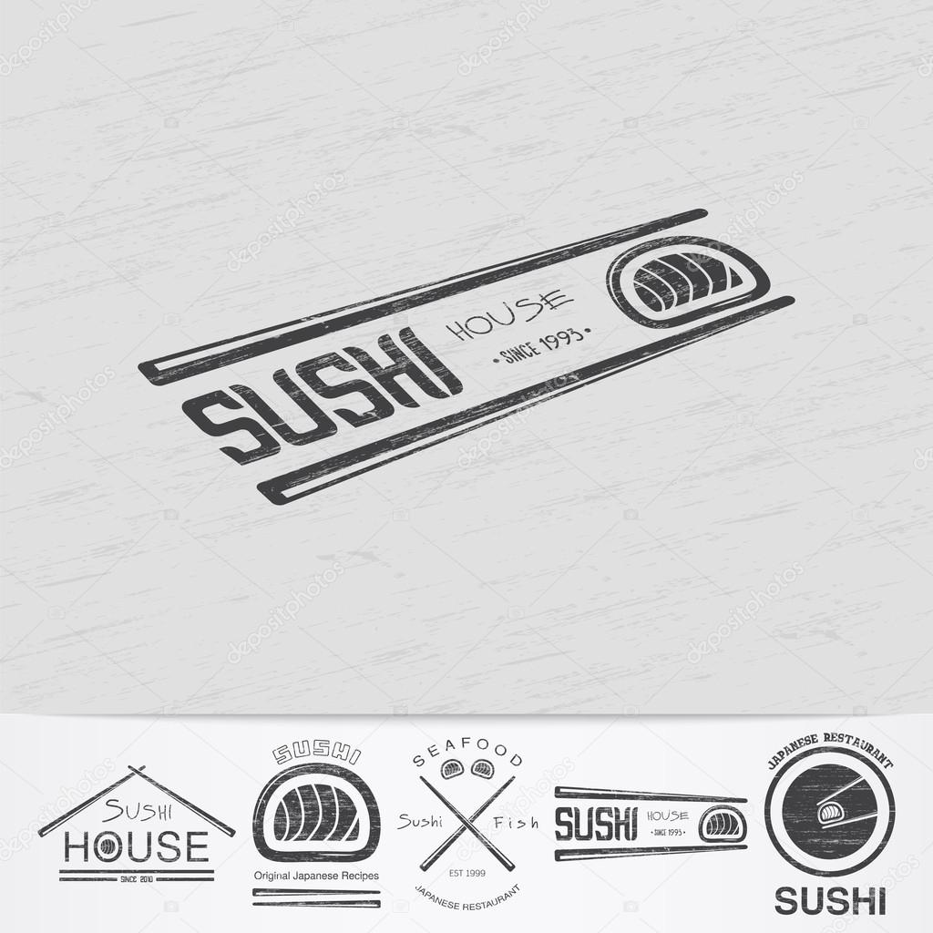 Sushi and rolls a set. Japanese kitchen. Food and service. Old retro vintage grunge. Scratched, damaged, dirty effect. Monochrome typographic labels, stickers, logos and badges. Flat vector illustration
