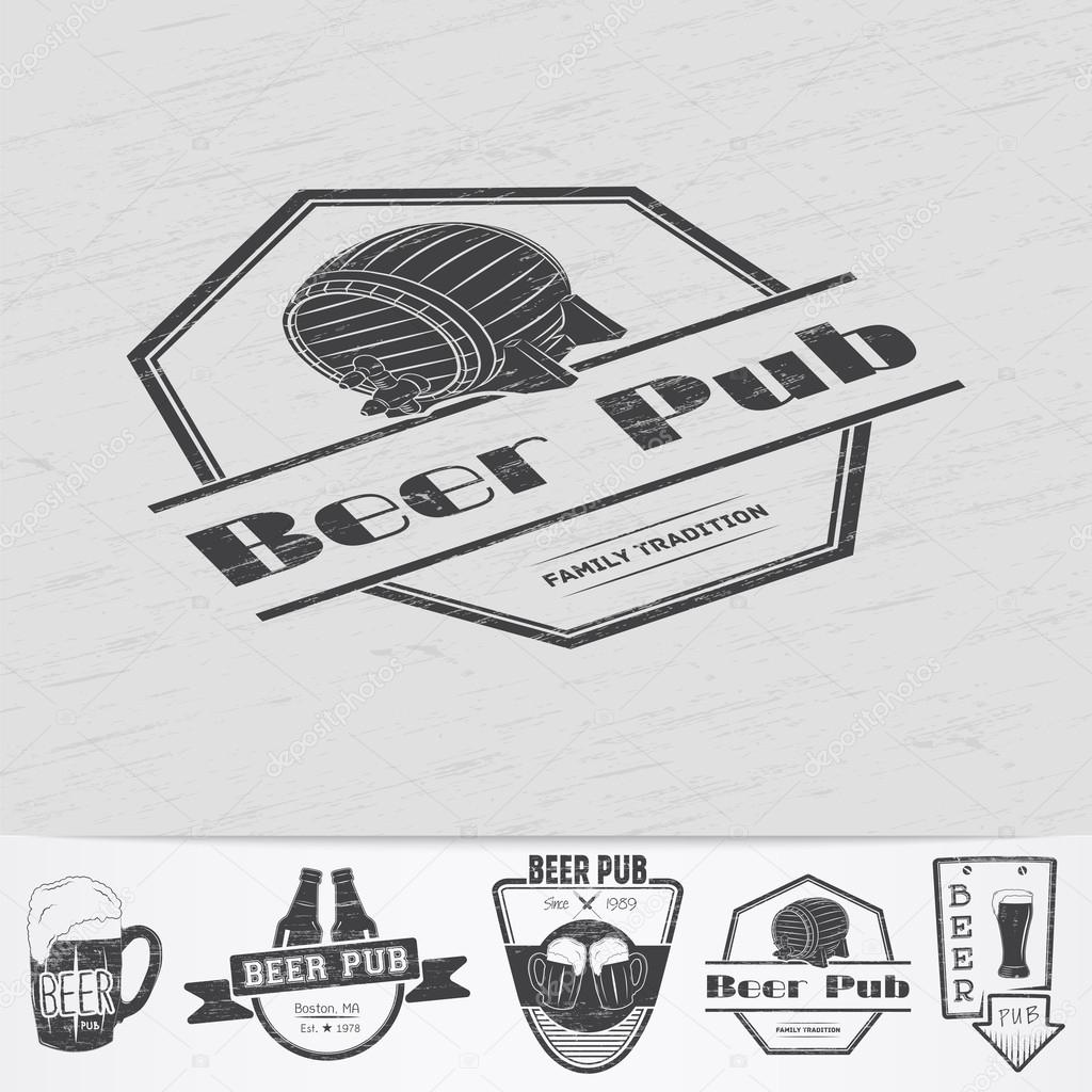 Beer pub. Brewing old school of vintage label. Old retro vintage grunge. Scratched, damaged, dirty effect. Monochrome typographic labels, stickers, logos and badges.