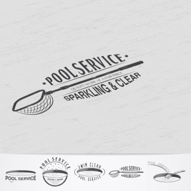 Pool Service. Maintenance and Cleaning. Repair and adjustment of the house. Old retro vintage grunge. Monochrome typographic labels, stickers, logos and badges.