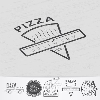 Pizza delivery. The food and service. Old school of vintage label. Old retro vintage grunge. Scratched, damaged, dirty effect. Monochrome typographic labels, stickers, logos and badges.
