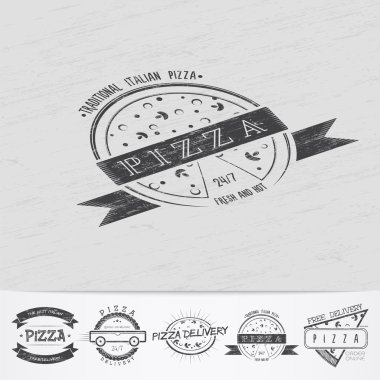 Pizza delivery. The food and service. Old school of vintage label. Old retro vintage grunge. Scratched, damaged, dirty effect. Monochrome typographic labels, stickers, logos and badges.