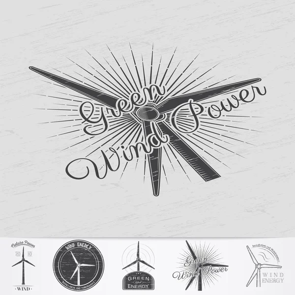 Windmills for energy. Sustainable ecological electrical power generator powered by wind natural energy source. Old retro vintage grunge. — Διανυσματικό Αρχείο