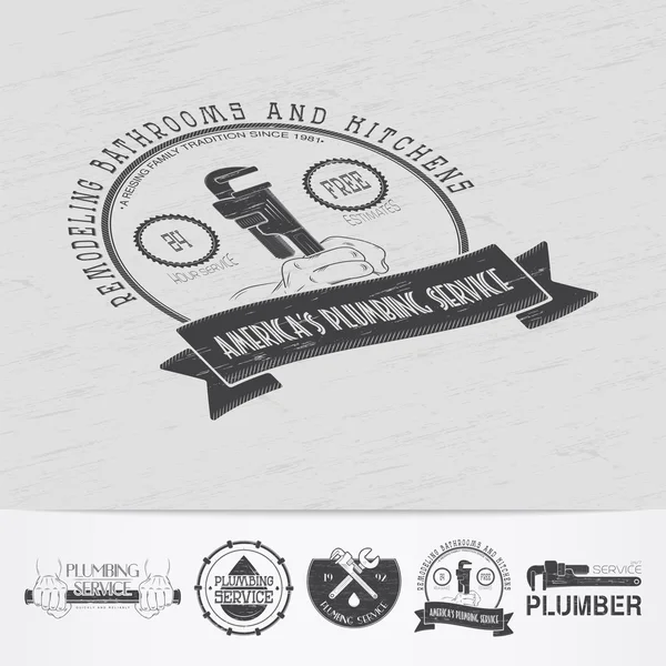 Plumbing service. Home repairs. Repair and maintenance of buildings.Old retro vintage grunge. Scratched, damaged, dirty effect. Monochrome typographic labels, stickers, logos and badges. — Stock Vector