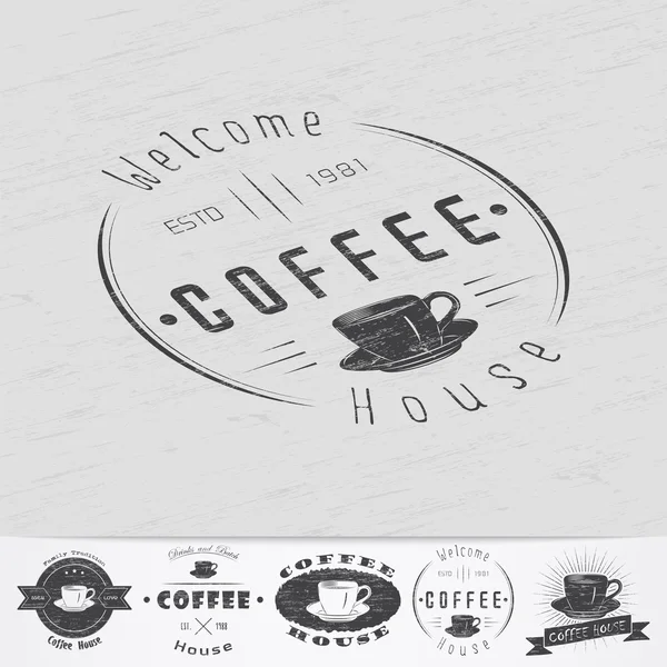 Coffee shop and cafe. The food and service. Old retro vintage grunge. Scratched, damaged, dirty effect. Monochrome typographic labels, stickers, logos and badges. — Stock Vector