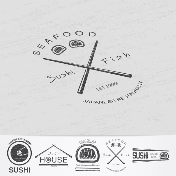 Sushi and rolls a set. Japanese kitchen. Food and service. Old retro vintage grunge. Scratched, damaged, dirty effect. Monochrome typographic labels, stickers, logos and badges. — 스톡 벡터