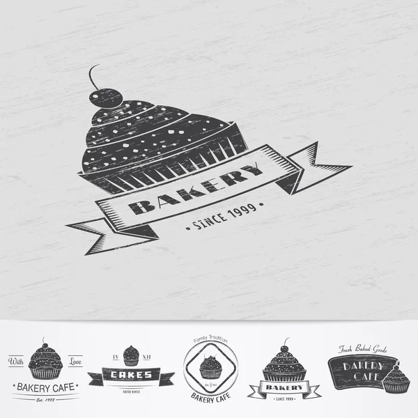 Sweet Cupcakes. Bakery baking. Cafes and eateries. The food and service. Old retro vintage grunge. Scratched, damaged, dirty effect. Monochrome typographic labels, stickers, logos and badges. — Stock Vector