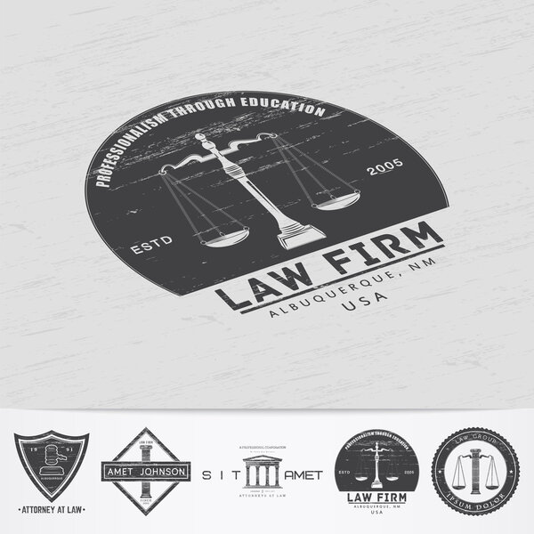 Lawyer services. Law office. The judge, the district attorney, the lawyer of vintage labels. Old retro vintage grunge. Typographic labels, stickers, logos and badges.