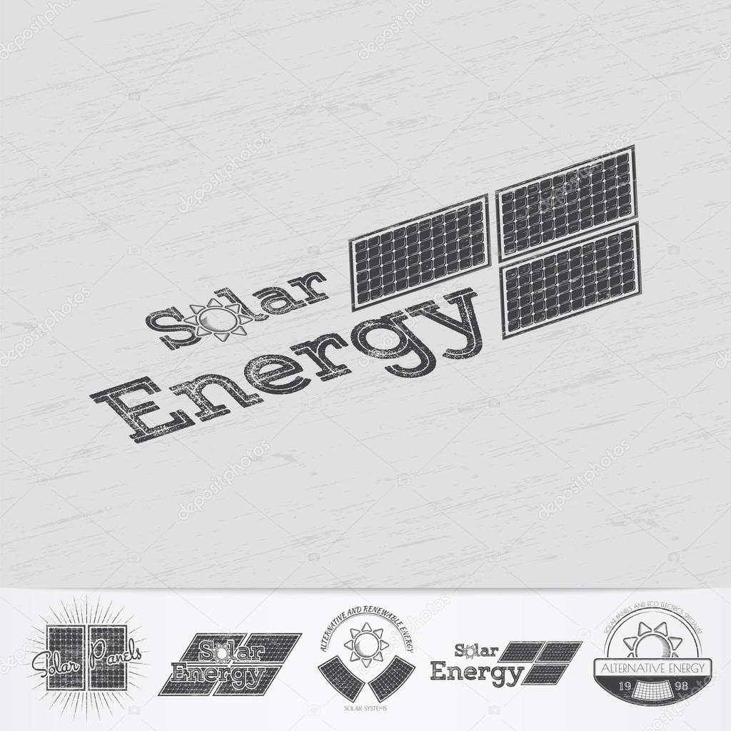 Solar panels for energy. Sustainable ecological solar energy generator powered by natural energy source. Old school of vintage label. Monochrome typographic labels, stickers, logos and badges.