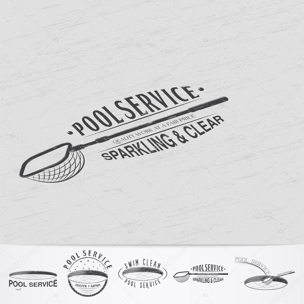 Pool Service. Maintenance and Cleaning. Repair and adjustment of the house. Old retro vintage grunge. Monochrome typographic labels, stickers, logos and badges. Flat vector illustration