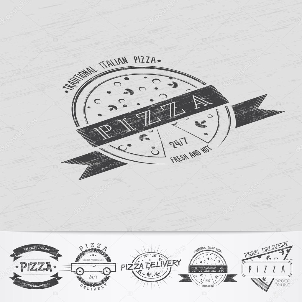 Pizza delivery. The food and service. Old school of vintage label. Old retro vintage grunge. Scratched, damaged, dirty effect. Monochrome typographic labels, stickers, logos and badges. Flat vector illustration