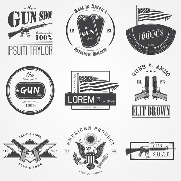 Американский оружейный магазин. В оружейном магазине. Охотничий пистолет. Детальные элементы. Типографские этикетки, наклейки, логотипы и значки
.