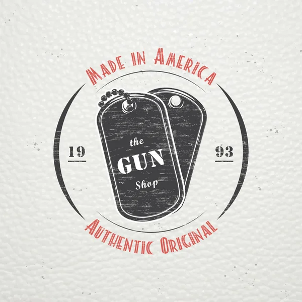 American gun shop. Firearms store. Hunting gun. Detailed elements. Old retro vintage grunge. Scratched, damaged, dirty effect. Typographic labels, stickers, logos and badges. — Stock Vector