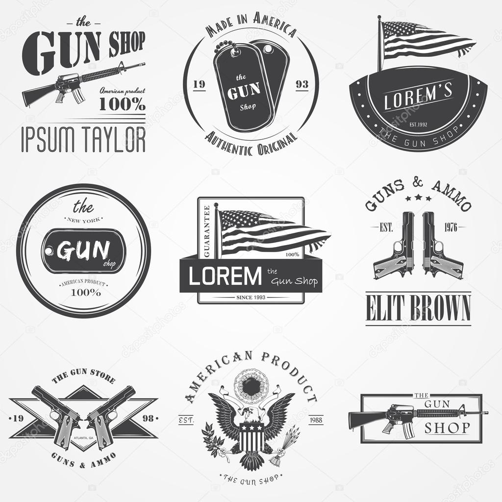 American gun shop set. Firearms store. Hunting gun. Detailed elements. Typographic labels, stickers, logos and badges. Flat vector illustration