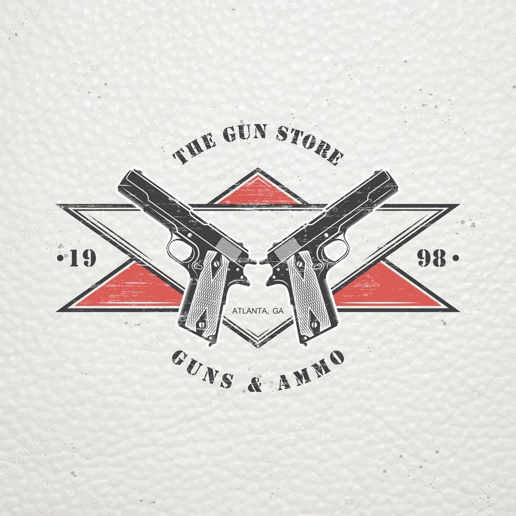 American gun shop. Firearms store. Hunting gun. Detailed elements. Old retro vintage grunge. Scratched, damaged, dirty effect. Typographic labels, stickers, logos and badges. Flat vector illustration