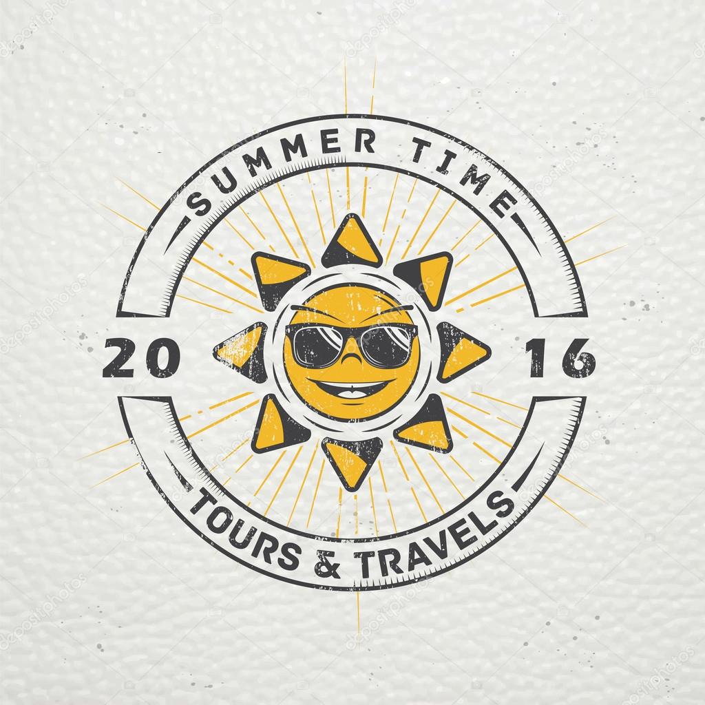 Summer time. Tourist agency. Travel around the world. Detailed elements. Old retro vintage grunge. Scratched, damaged, dirty effect. Typographic labels, stickers, logos and badges. Flat vector