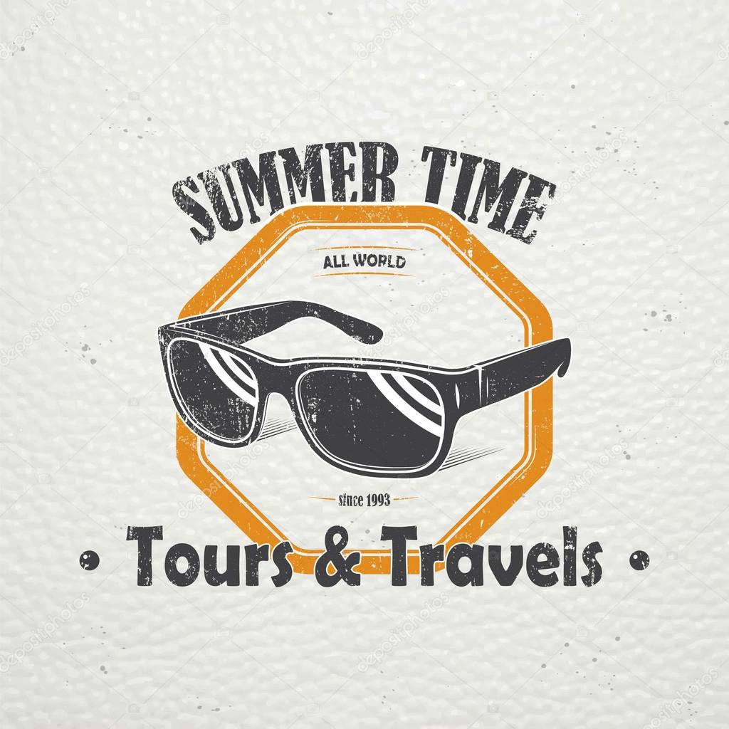 Summer time. Tourist agency. Travel around the world. Detailed elements. Old retro vintage grunge. Scratched, damaged, dirty effect. Typographic labels, stickers, logos and badges. Flat vector