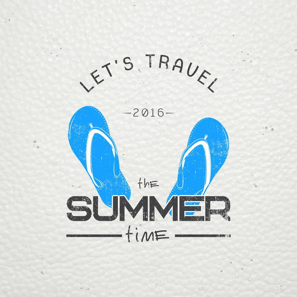Summer time. Tourist agency. Travel around the world. Detailed elements. Old retro vintage grunge. Scratched, damaged, dirty effect. Typographic labels, stickers, logos and badges. Flat vector