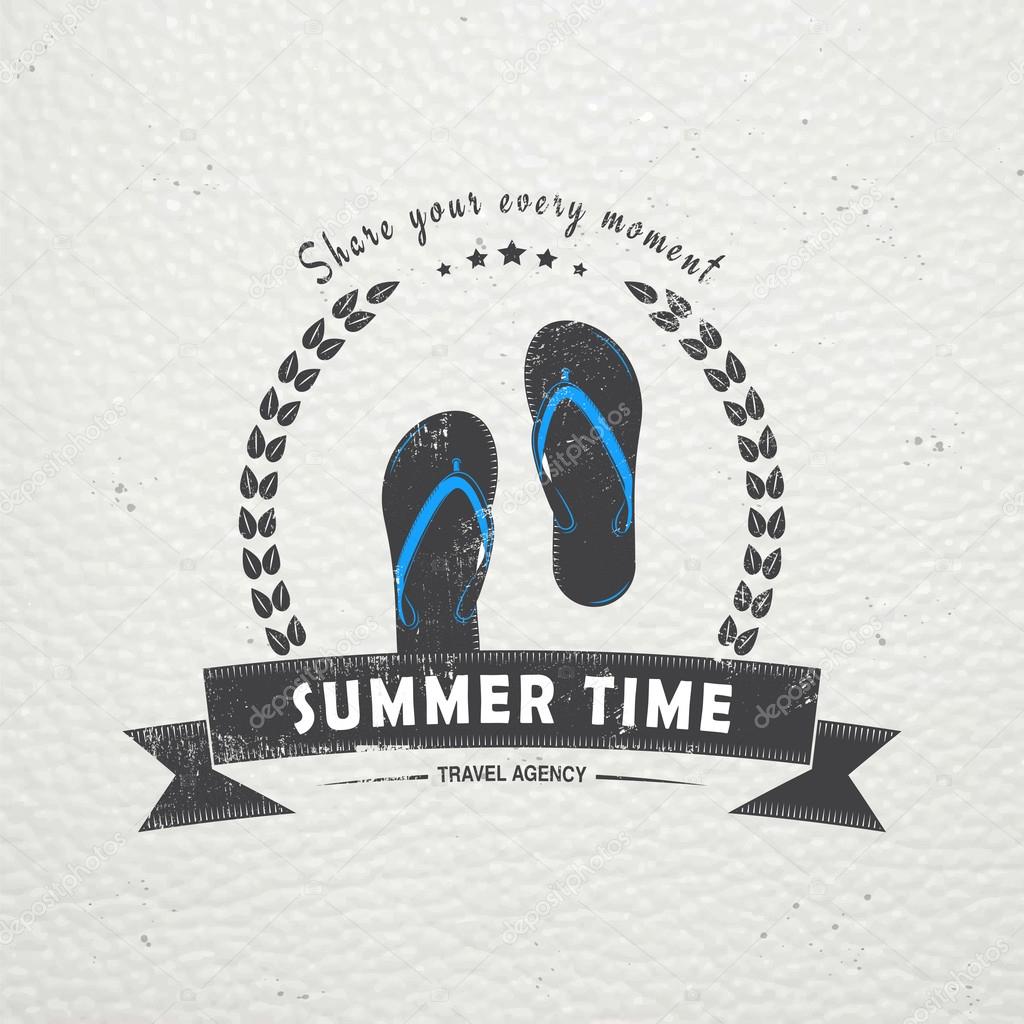 Summer time. Tourist agency. Travel around the world. Detailed elements. Old retro vintage grunge. Scratched, damaged, dirty effect. Typographic labels, stickers, logos and badges. Flat vector