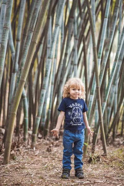 Blond chłopiec w bambusowym lesie — Zdjęcie stockowe