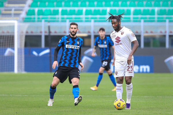 Italy, Milan, november 22 2020: Soualiho Meite (Torino midfielder) back pass shot in the first half during football match FC INTER vs TORINO, Serie A 2020/2021 day8, San Siro stadium