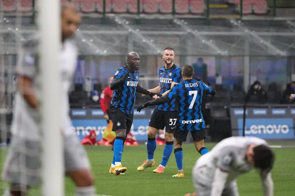 Italien Mailand Dezember 2020 Romelu Lukaku Inter Stürmer Feiert Mit — Stockfoto