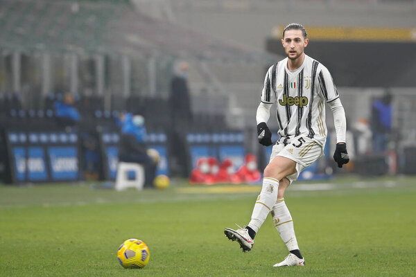 Italy, Milan, february 2 2021: Adrien Rabiot (Juventus midfielder) pass shot in frontcourt during football match FC INTER vs JUVENTUS, SF 1leg Coppa Italia 2020-2021, San Siro stadium