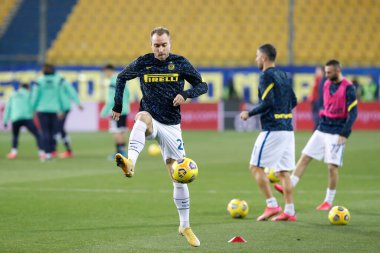 İtalya, Parma, 4 Mart 2021: Christian Eriksen (Inter orta saha oyuncusu) futbol maçı öncesi PARMA-FC INTER, Serie A 2020-2021, Tardini stadyumu