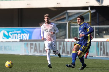 İtalya, Verona, 7 Mart 2021: Giangiacomo Magnani (Hellas Verona defans oyuncusu) futbol maçının ilk yarısında HELLAS VERONA - AC MILAN, Serie A 2020-2021, Bentegodi Stadyumu, Bentegodi Stadyumu