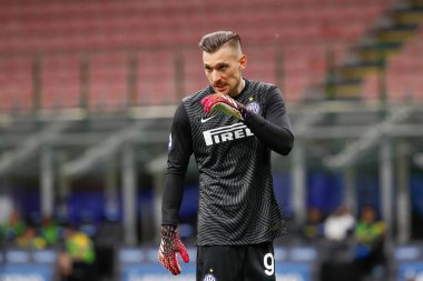 Italy, Milan, may 12 2021: Andrei Radu (Inter goalkeeper) gives advices to teammates in the first half during football match FC INTER vs AS ROMA, Serie A 2020-2021 day36, San Siro stadium clipart