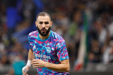 İtalya, Milan, 15 Eylül 2021: Karim Benzema (Real Madrid forveti) futbol maçı öncesi FC INTER - REAL MADRID, Şampiyonlar Ligi maçı 1, San Siro Stadyumu