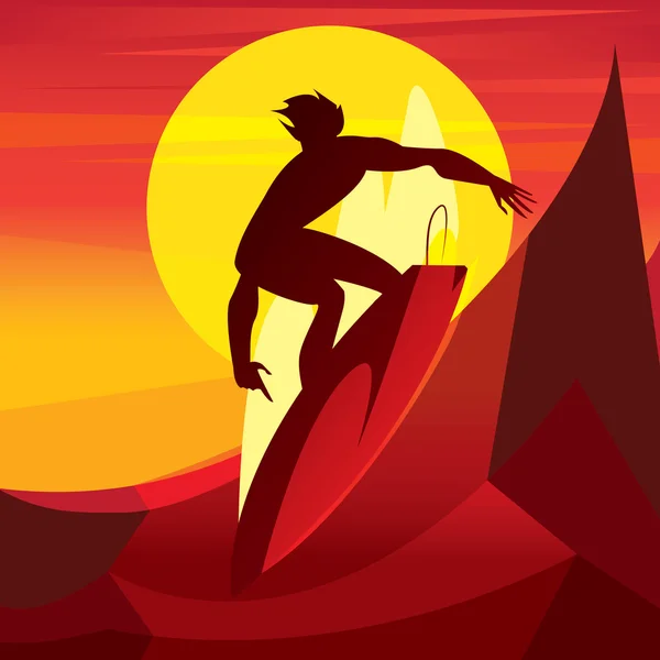 Silhouette du surfeur au coucher du soleil — Image vectorielle