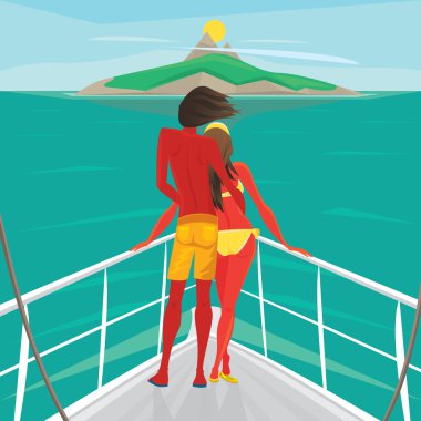 Bir yat üzerinde duran çift ve adanın hayranım