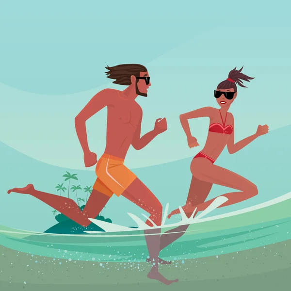 Paar läuft im flachen Wasser — Stockvektor