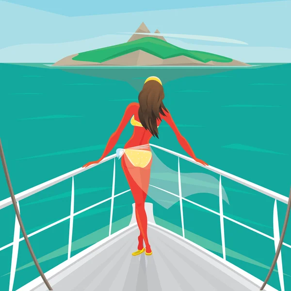 女孩站在一艘游艇上，欣赏岛 — 图库矢量图片