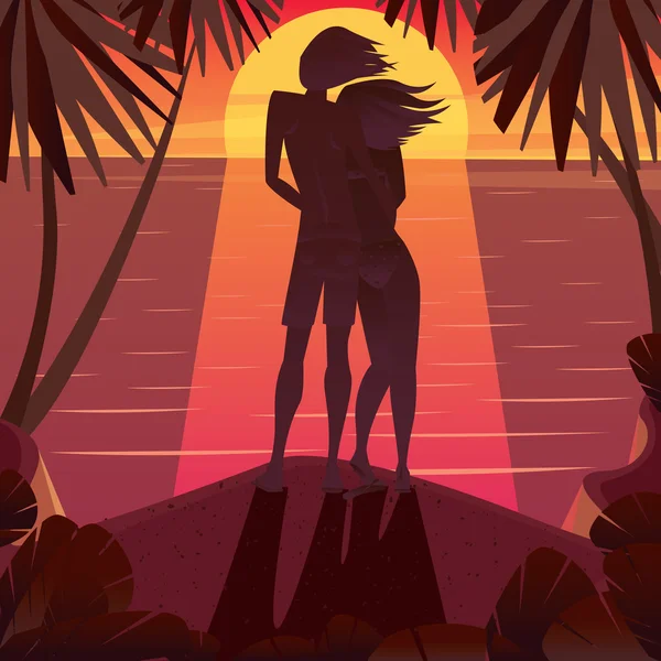 Silhouette d'un couple admirant le coucher du soleil — Image vectorielle