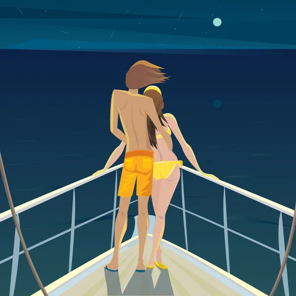 Пара на лодке ночью любуется звездами — стоковый вектор