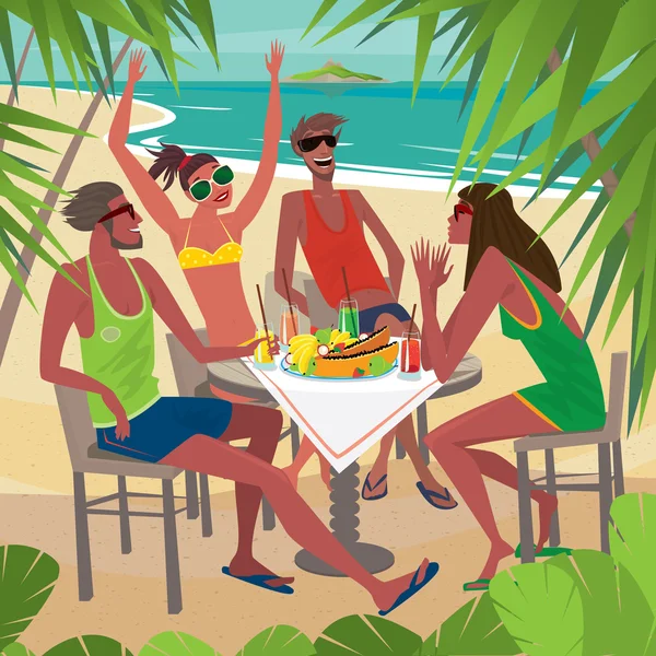 Amigos desayunando en una mesa en la playa — Vector de stock