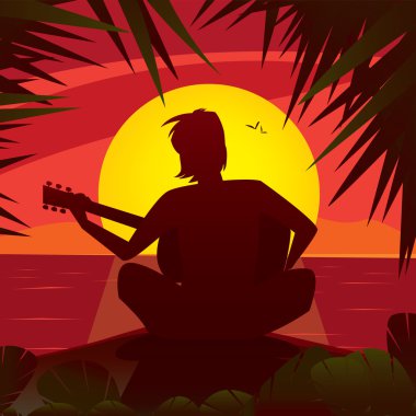 Gün batımında gitar çalmak bir romantik adam silüeti