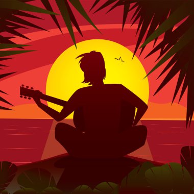 Silhouette of a romantic man playing the guitar at sunset clipart