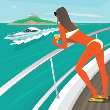 Kız bir mayo yat güverte üzerinde duran sunbathes