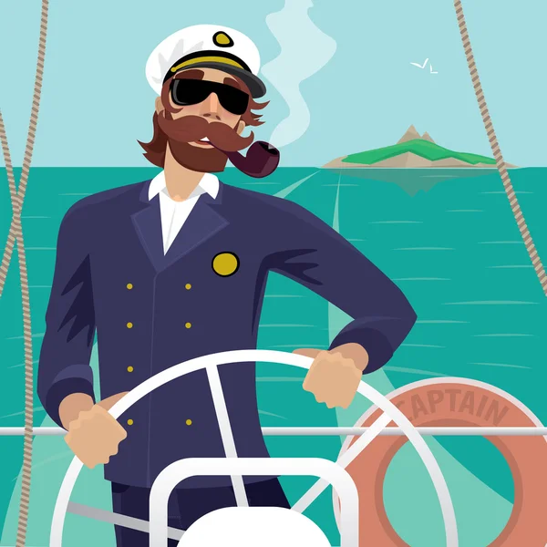 Sea captain on the deck with ships steering wheel — Stock Vector