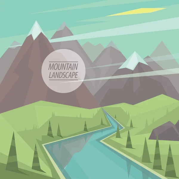 Paisaje montañoso plano con valle, río y árboles — Vector de stock