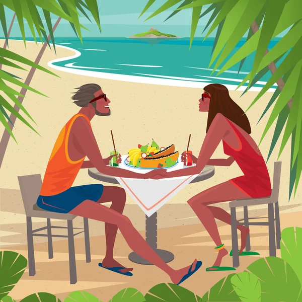 Ζευγάρι στο τραπέζι τρώγοντας πρωινό στην παραλία — Διανυσματικό Αρχείο
