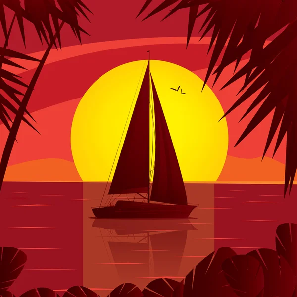 Yate de vela en mar abierto al atardecer — Vector de stock